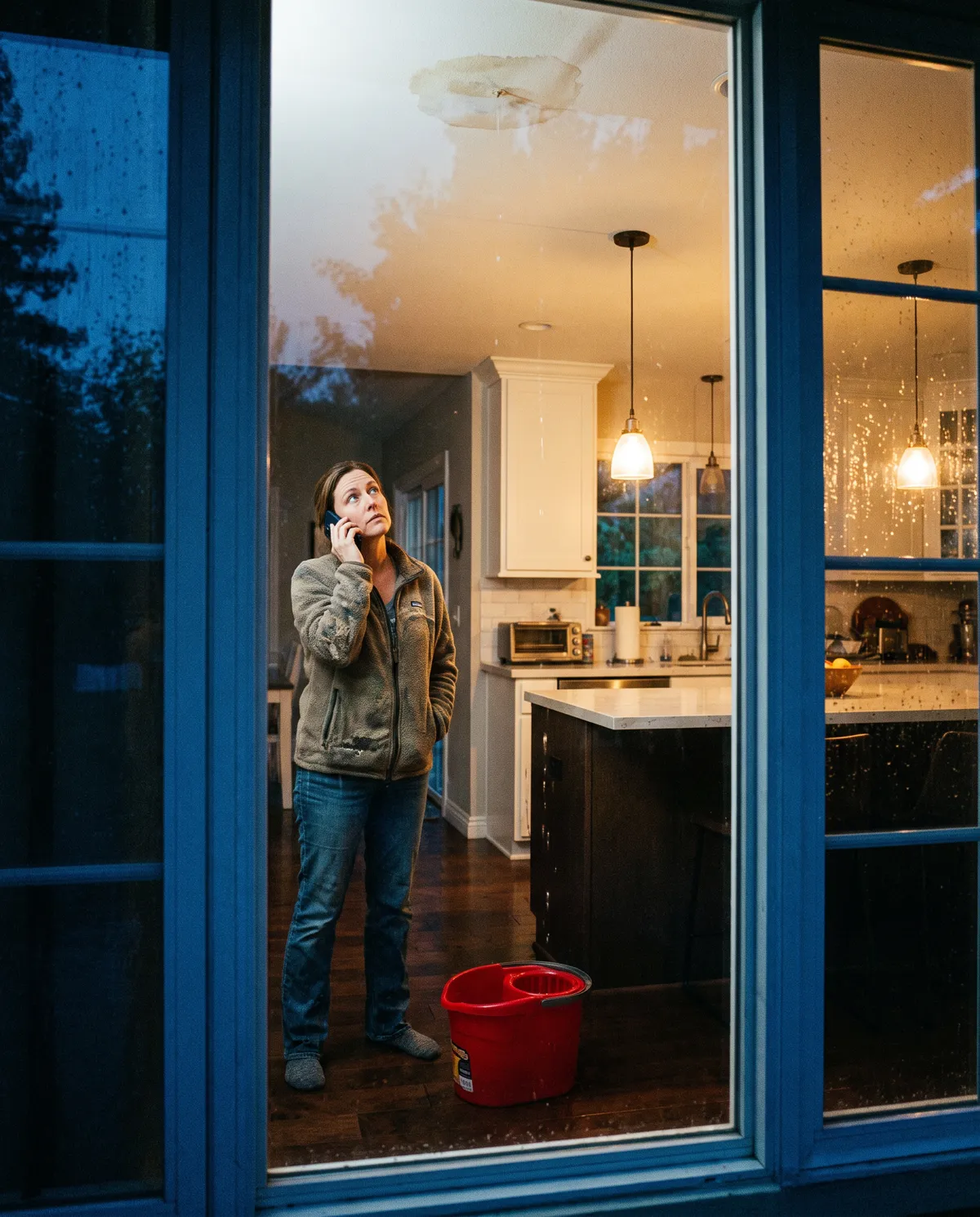Seen through a rainy window at dusk, a homeowner on the phone looks up at a water stain on her kitchen ceiling while a bucket catches drips.