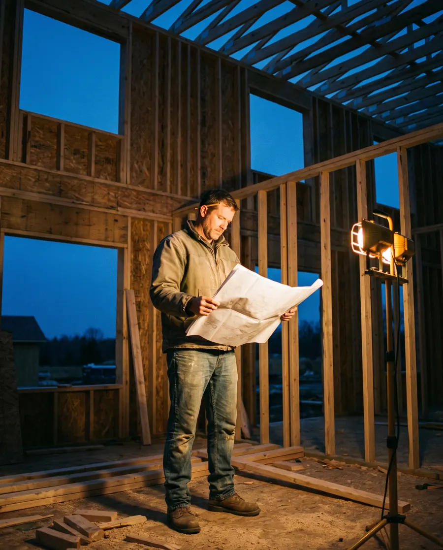 A general contractor reading plans inside the fresh framing of a new house at dusk.