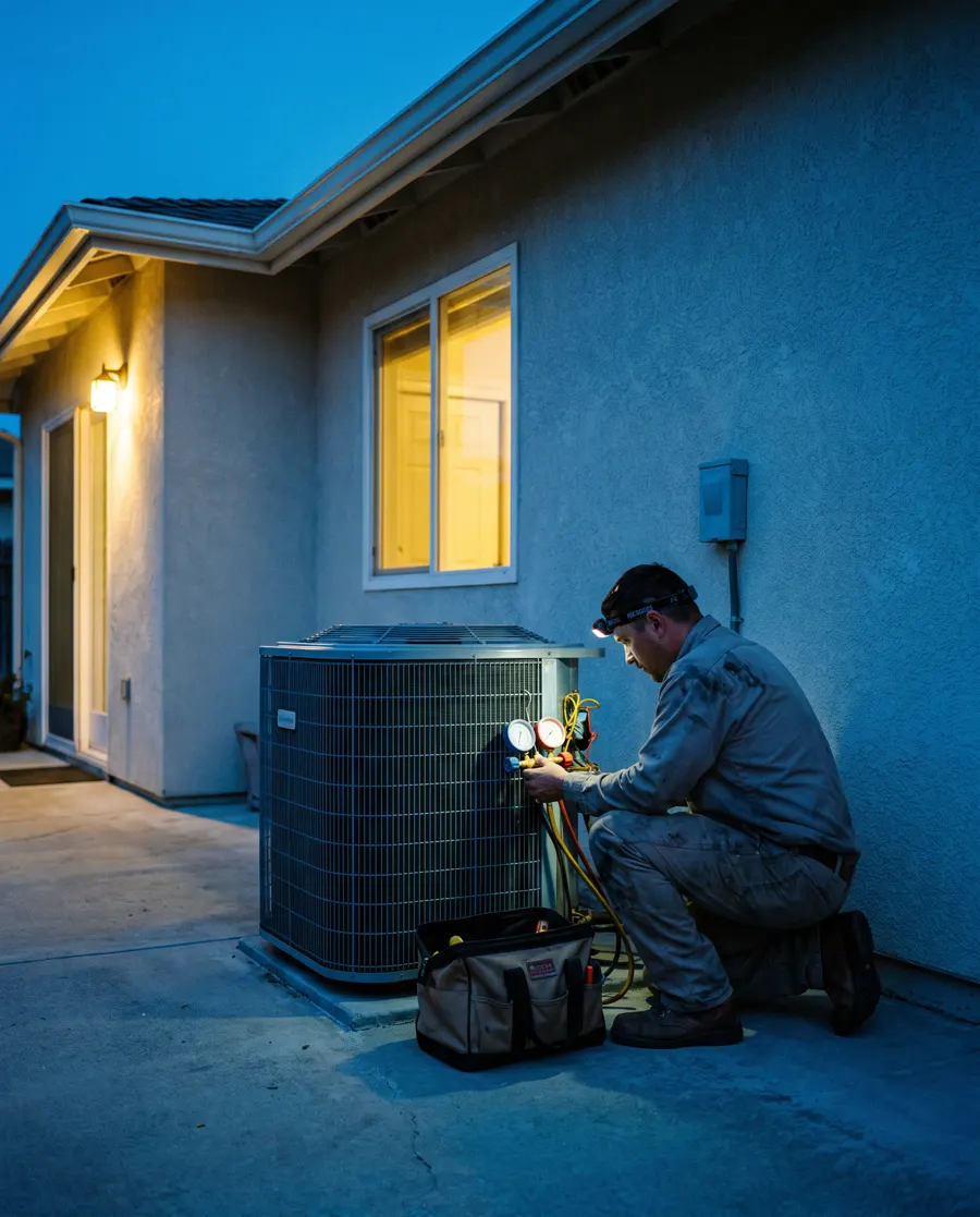 An HVAC technician with a headlamp checking an outdoor condenser unit at dusk.