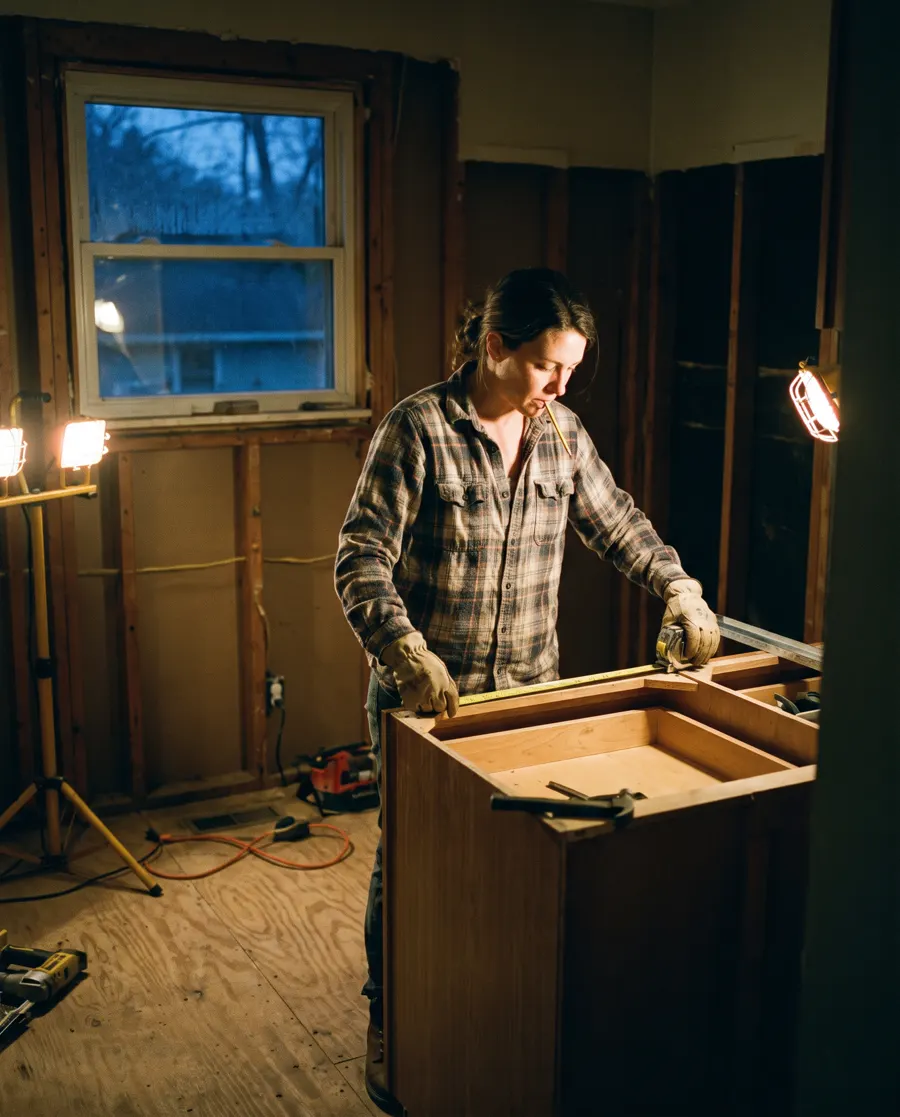 A remodeler measuring a new cabinet in a gutted kitchen under work lights.
