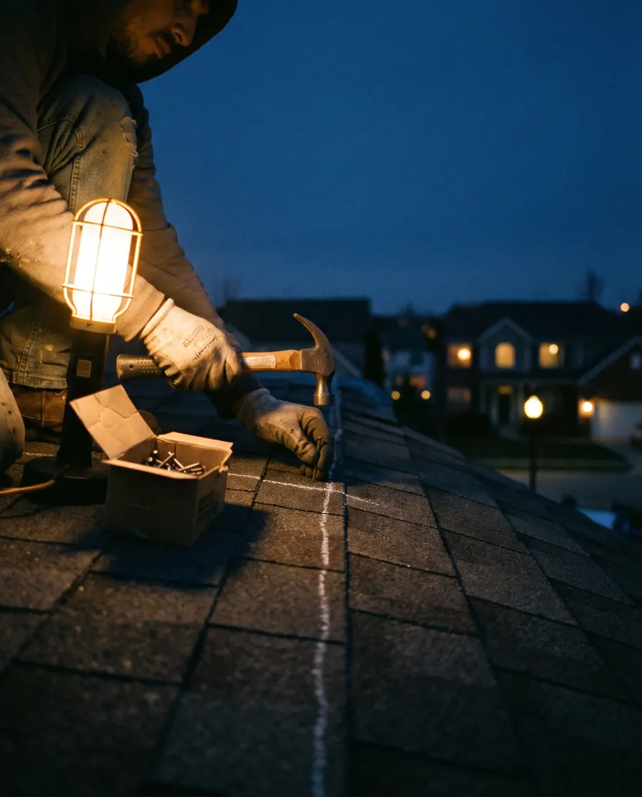 A roofer’s gloved hands nailing new shingles at dusk under a work lamp.